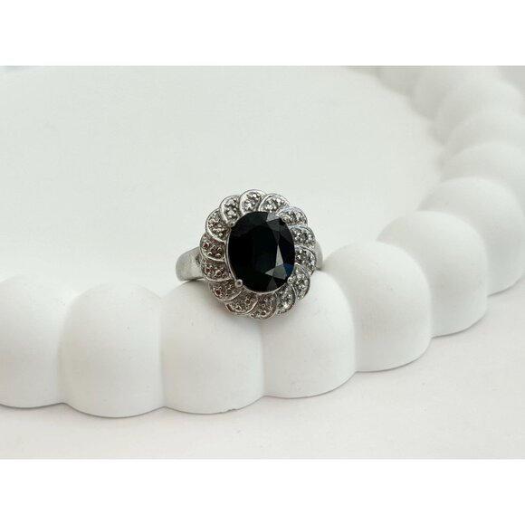 Floral Black Onyx Cubic Zirconia Vintage Sterling Silver Women's Ring - sz 7.75 - Picture 8 of 10